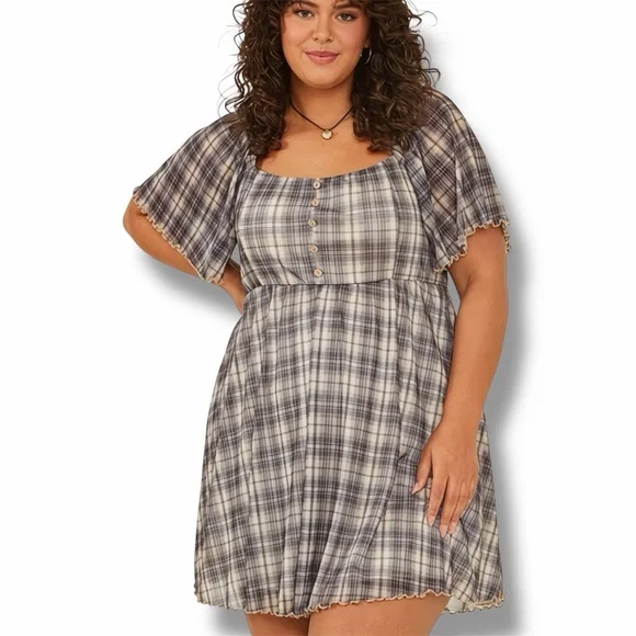 NWT Arula Altar’d State Black Beige Plaid Mesh Flutter Sleeve Dress 1X - Picture 1 of 8